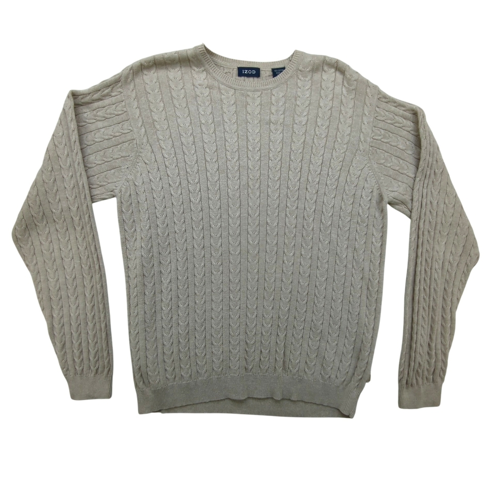 IZOD Sweater Mens Medium Cable Knit Beige Crewneck Pullover Classic Knitwear